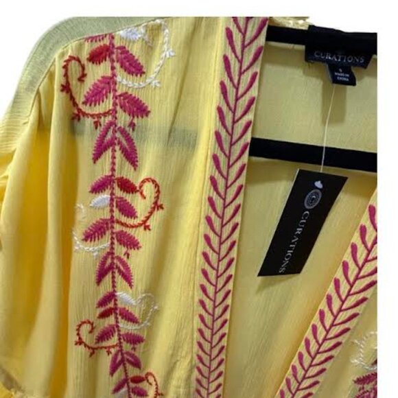 Curations Womens Kaftan Duster Yellow Embroidered Swim Cover Up Boho Gauze NWT - Picture 5 of 10